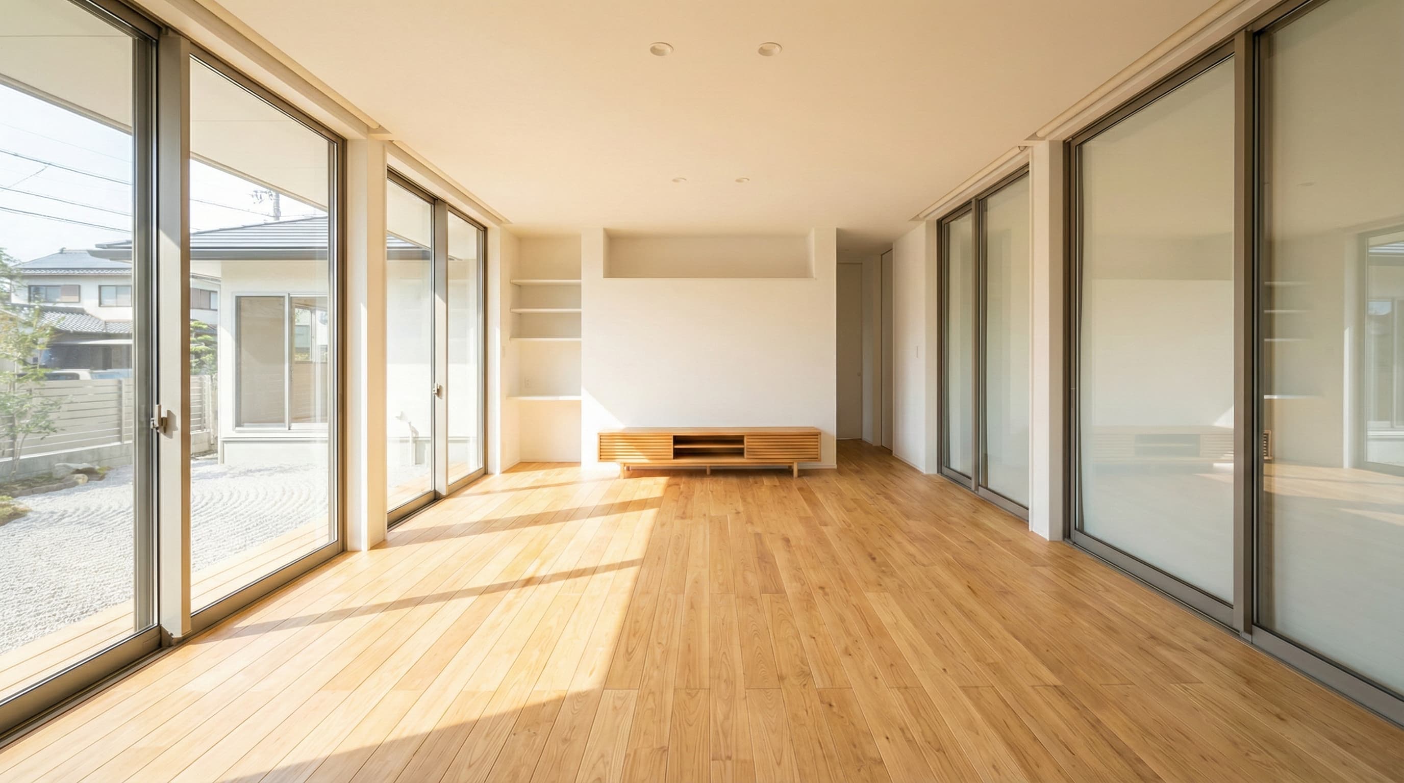 明るいリビングルームのフローリング